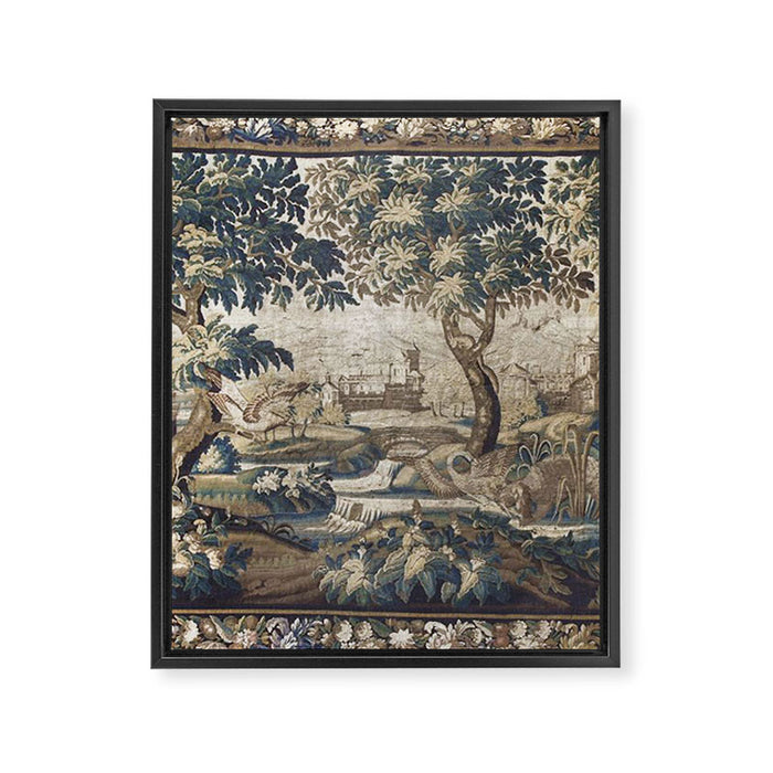 Antique French Aubusson Verdure Forest River Swans Tapestry Framed Canvas Print Gallery Image 1