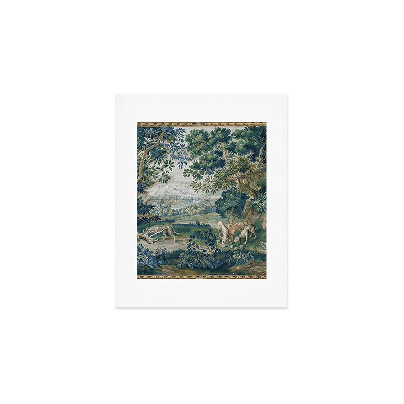 Antique French Verdure Hunting Scene Tapestry Art Print Gallery Image 1