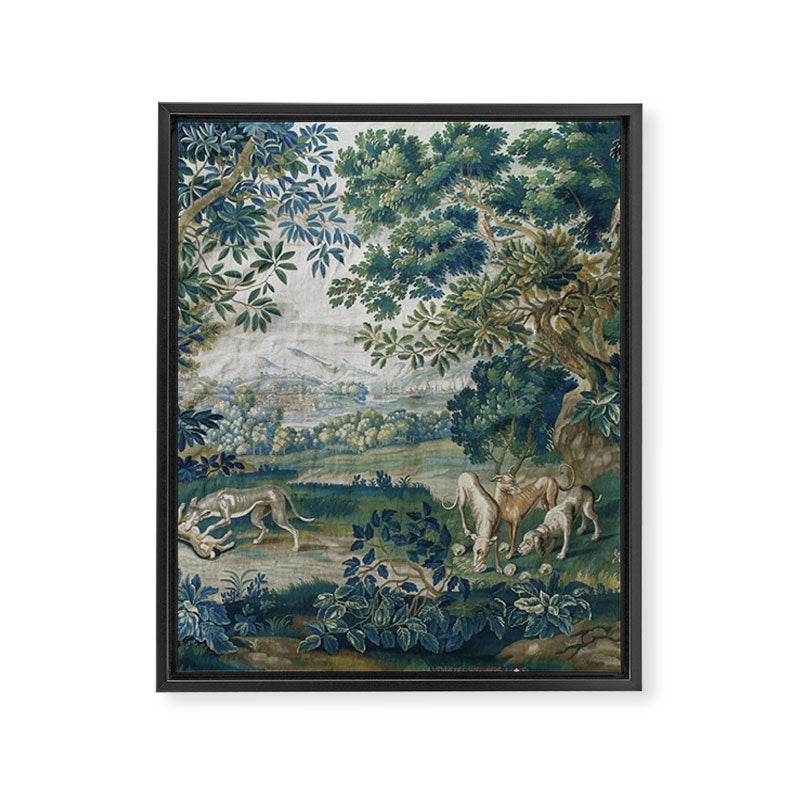Antique French Verdure Hunting Scene Tapestry Framed Canvas Print Gallery Image 6
