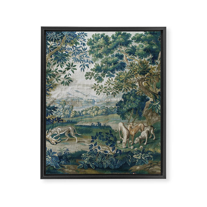 Antique French Verdure Hunting Scene Tapestry Framed Canvas Print Gallery Image 1