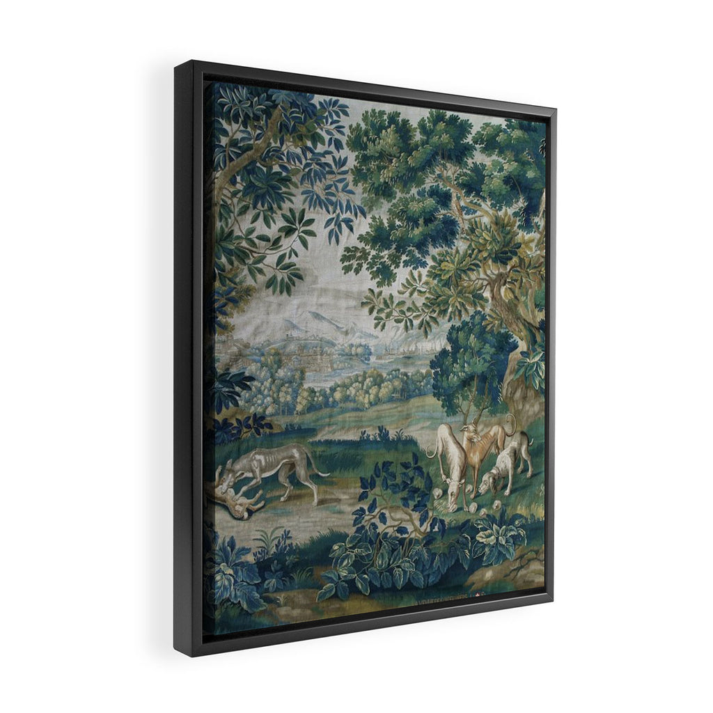Antique French Verdure Hunting Scene Tapestry Framed Canvas Print Gallery Image 2