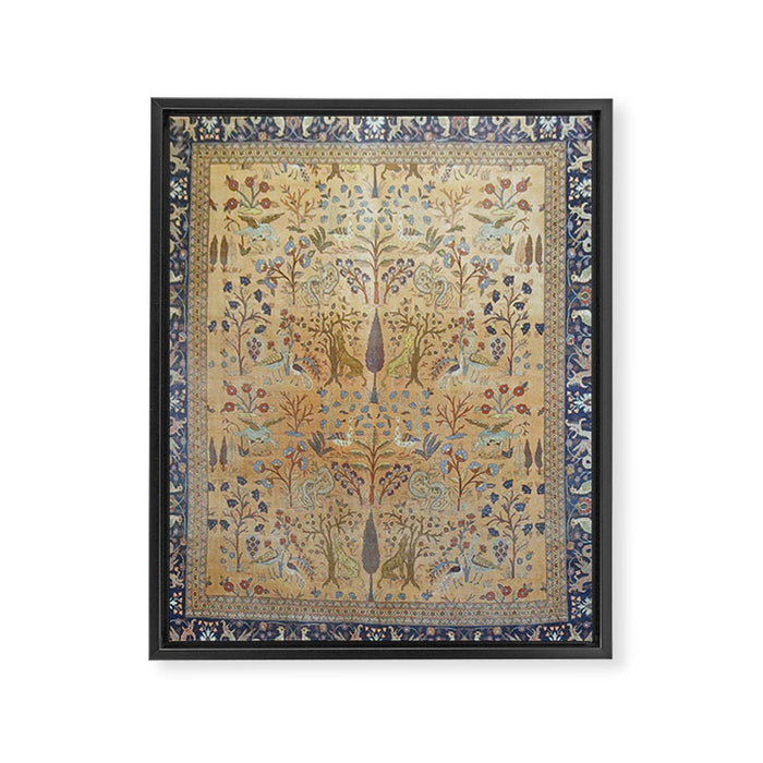 Antique Golden Animal Forest Persian Tabriz Rug Print Framed Canvas Print Gallery Image 1