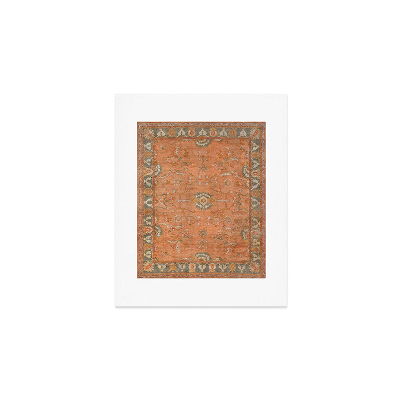 Antique Peach Apricot & Sage Green Turkish Ushak Rug Print Art Print Gallery Image 1