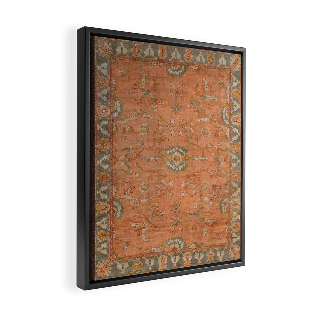 Antique Peach Apricot & Sage Green Turkish Ushak Rug Print Framed Canvas Print Gallery Image 2