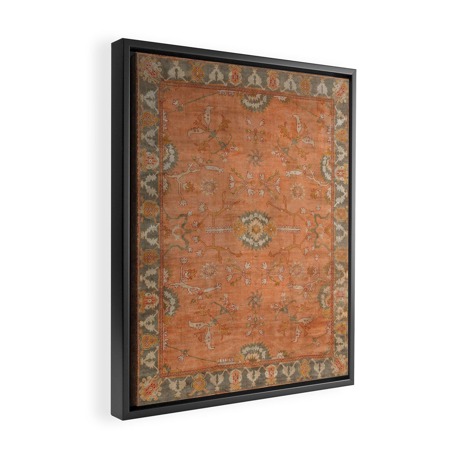Antique Peach Apricot & Sage Green Turkish Ushak Rug Print Framed Canvas Print Gallery Image 2