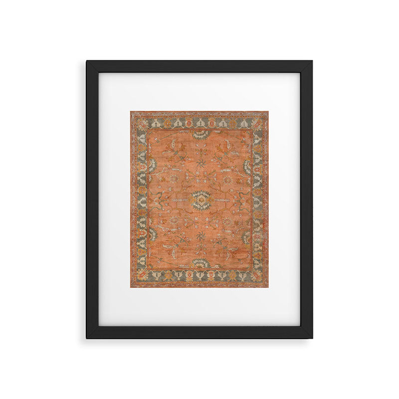 Antique Peach Apricot & Sage Green Turkish Ushak Rug Print Framed Art Print Gallery Image 5