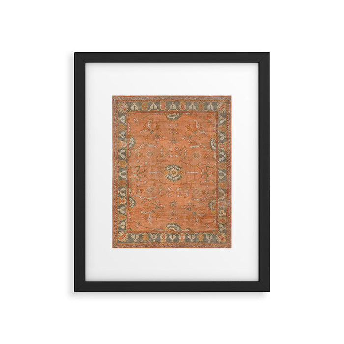 Antique Peach Apricot & Sage Green Turkish Ushak Rug Print Framed Art Print Gallery Image 1