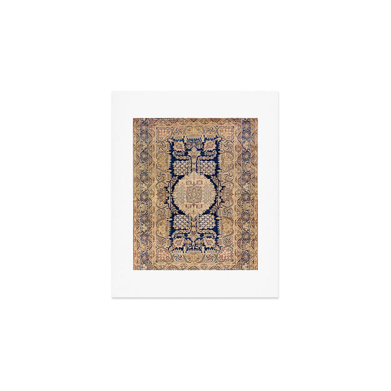 Antique Persian Navy Blue & Gold Beige Kerman Rug Print Art Print Gallery Image 1