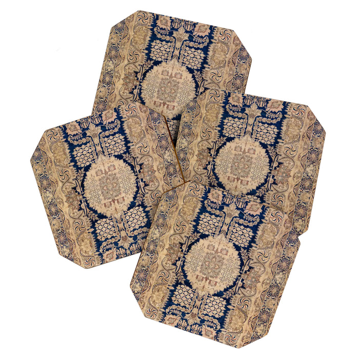 Antique Persian Navy Blue & Gold Beige Kerman Rug Print Coaster Gallery Image 1