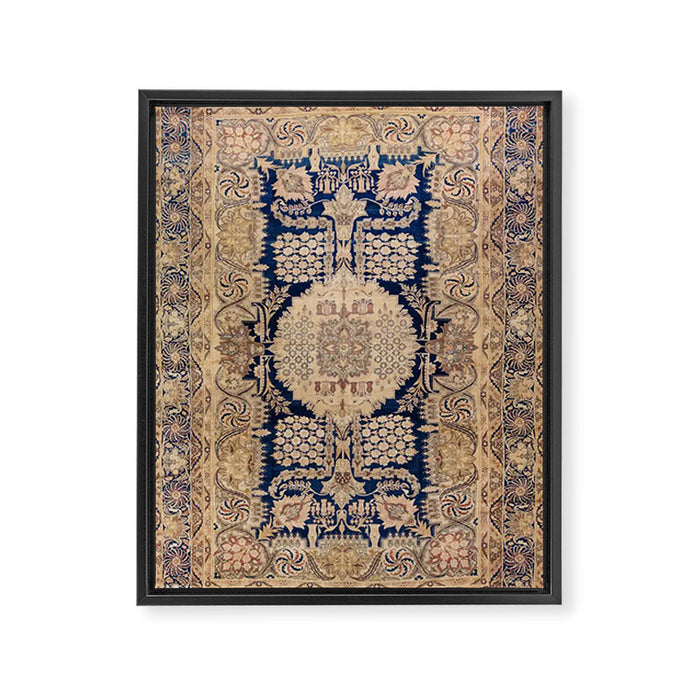 Antique Persian Navy Blue & Gold Beige Kerman Rug Print Framed Canvas Print Gallery Image 1