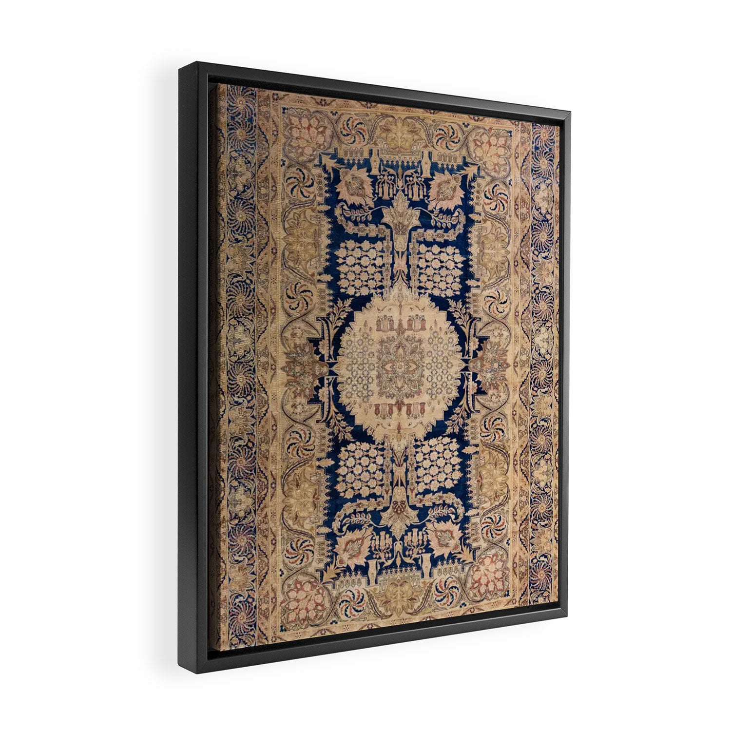 Antique Persian Navy Blue & Gold Beige Kerman Rug Print Framed Canvas Print Gallery Image 2