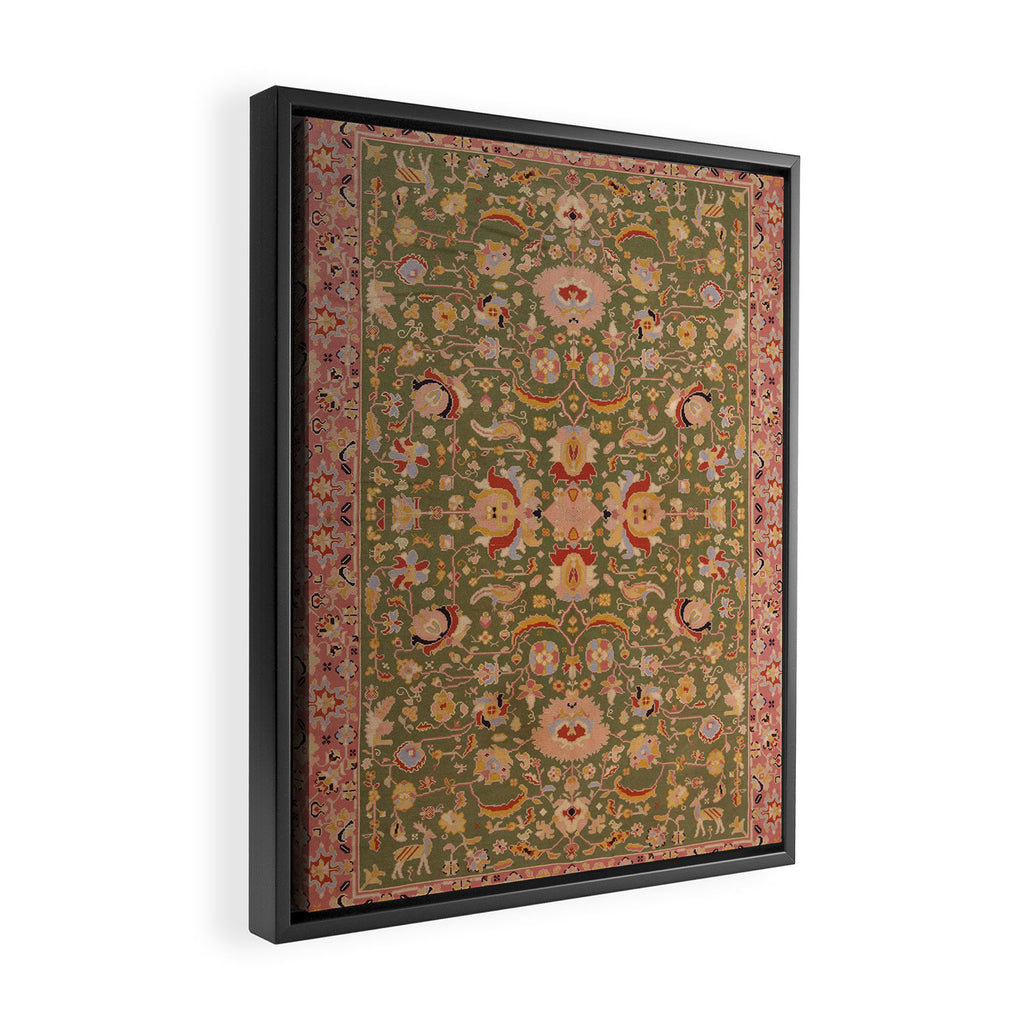 Antique Portuguese Needlepoint Rose Green Pattern Framed Canvas Print Gallery Image 2