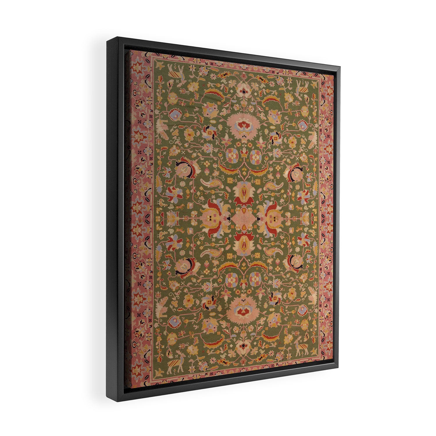 Antique Portuguese Needlepoint Rose Green Pattern Framed Canvas Print Gallery Image 2