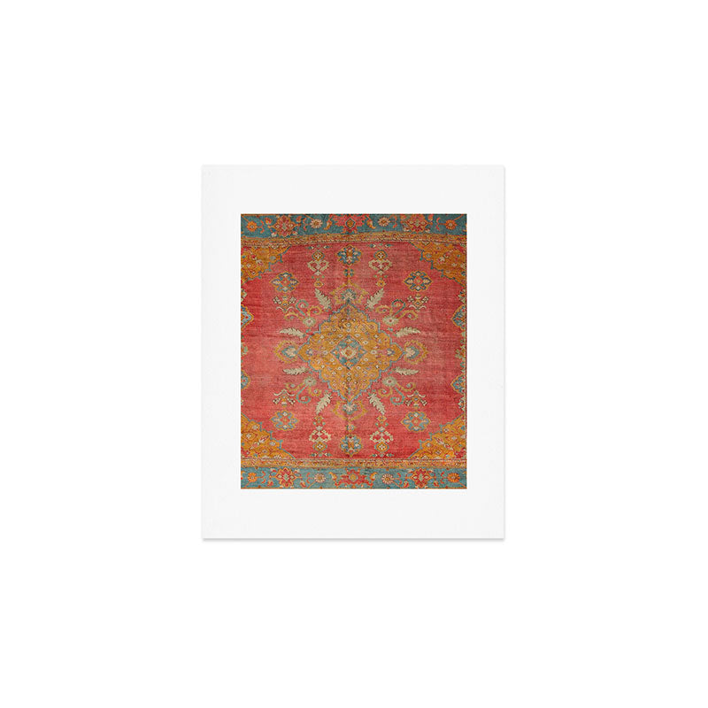 Antique Warm Coral Red & Burnt Orange Turkish Oushak Rug Print Art Print Gallery Image 1
