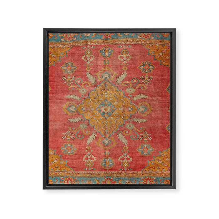 Antique Warm Coral Red & Burnt Orange Turkish Oushak Rug Print Framed Canvas Print Gallery Image 1