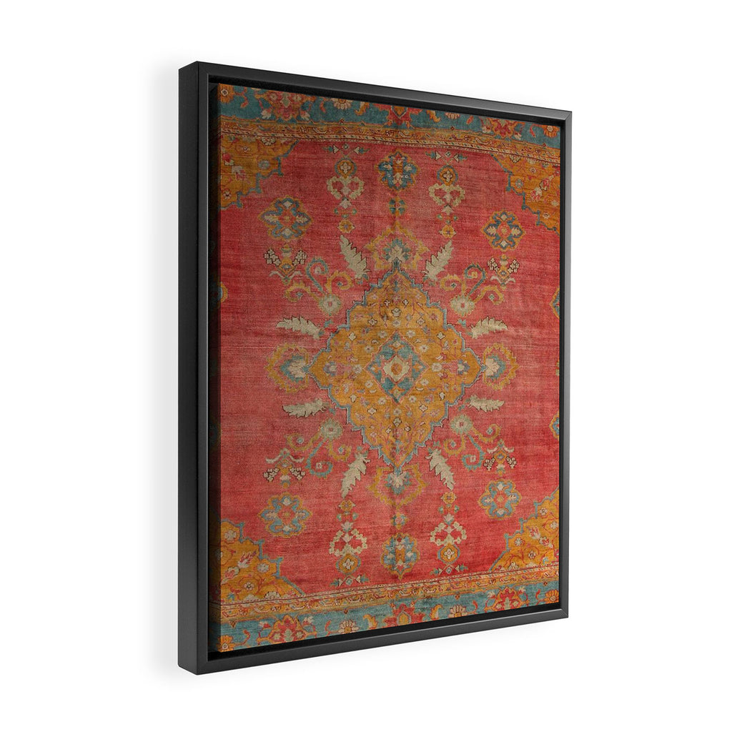 Antique Warm Coral Red & Burnt Orange Turkish Oushak Rug Print Framed Canvas Print Gallery Image 2