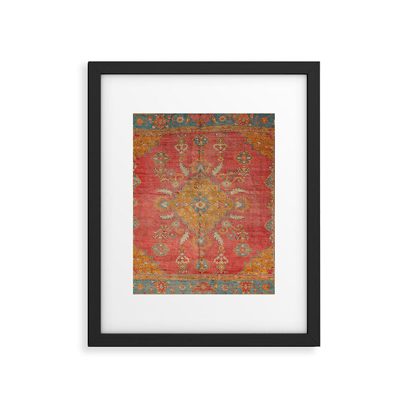 Antique Warm Coral Red & Burnt Orange Turkish Oushak Rug Print Framed Art Print Gallery Image 6