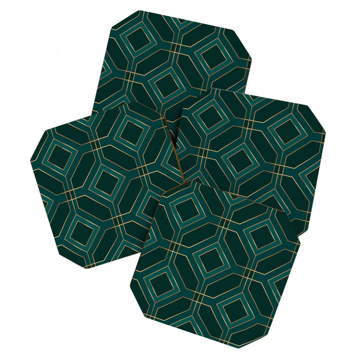 Art Deco Emerald Green & Gold Geometric Pattern Coaster Gallery Image 1