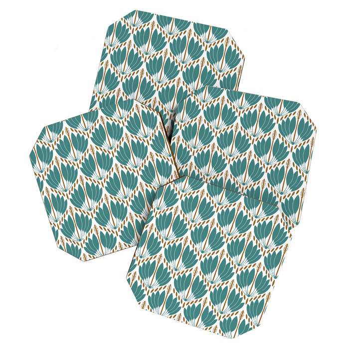 Art Deco White Green & Gold Abstract Pattern Coaster Gallery Image 1