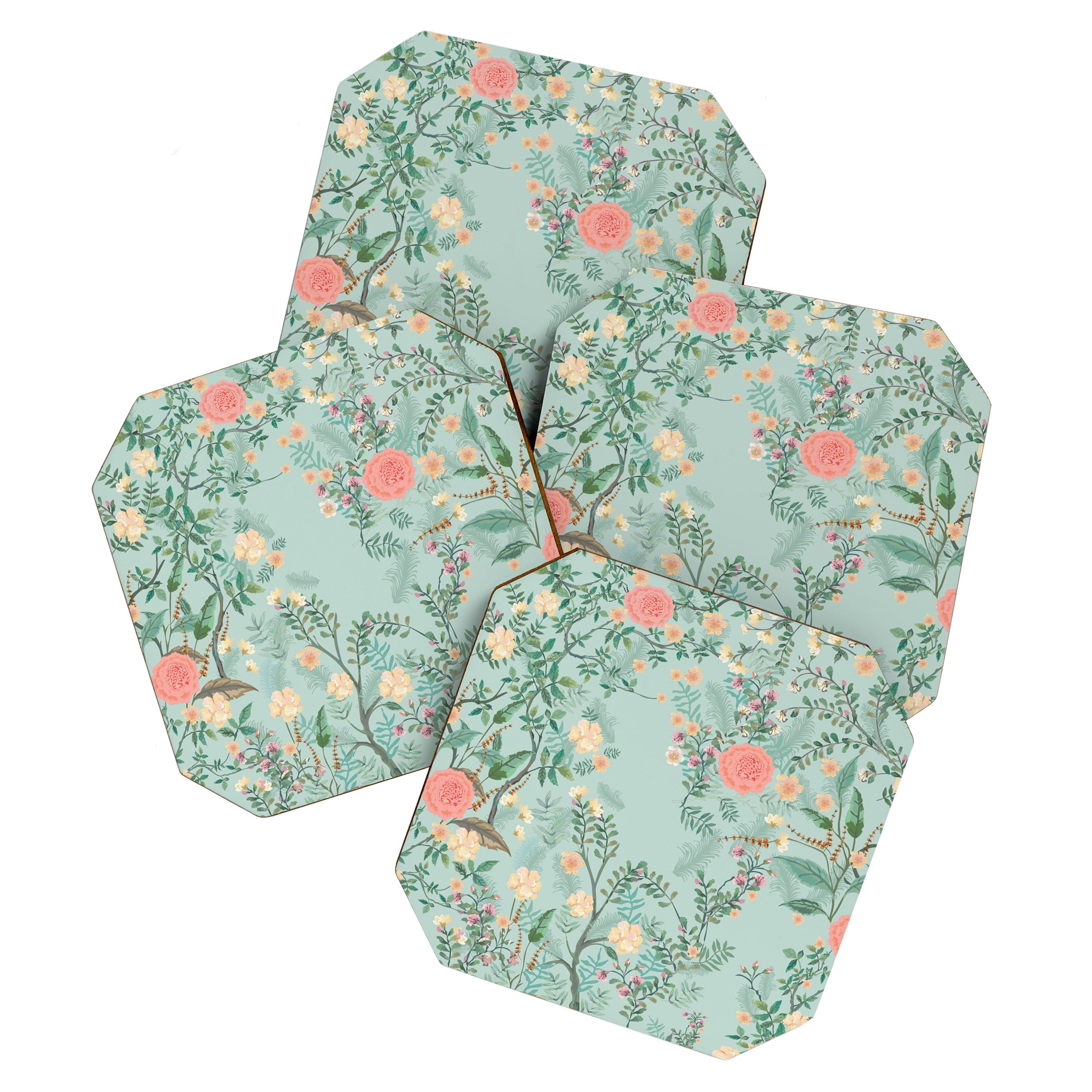 Chinoiserie Aqua Green Pastel Fresco Floral Garden Birds Oriental Botanical Coaster Gallery Image 1