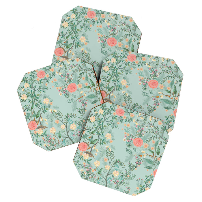 Chinoiserie Aqua Green Pastel Fresco Floral Garden Birds Oriental Botanical Coaster Gallery Image 1