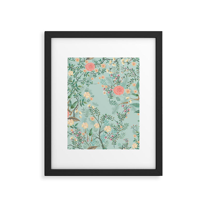 Chinoiserie Aqua Green Pastel Fresco Floral Garden Birds Oriental Botanical Framed Art Print Gallery Image 6