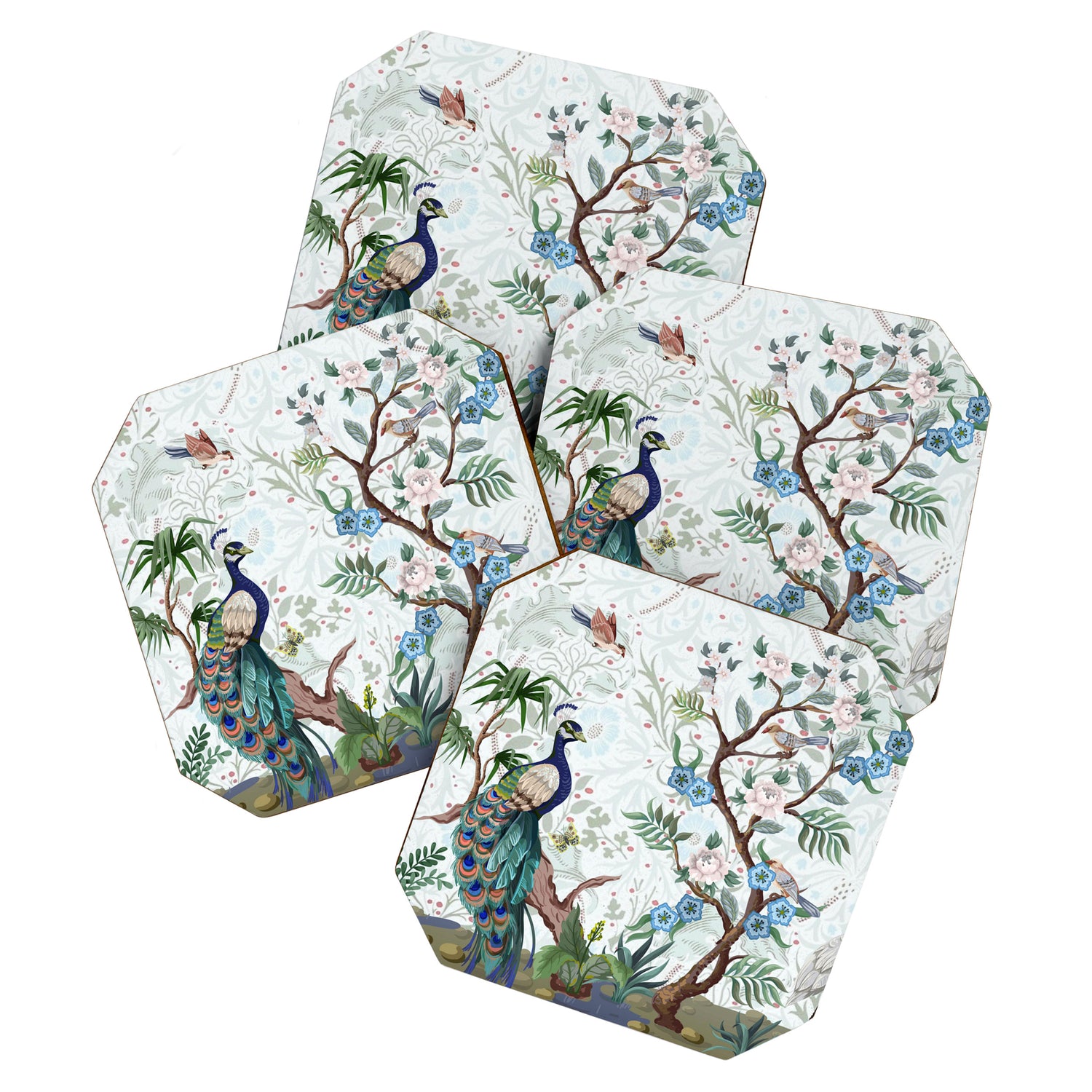 Chinoiserie Aqua Peacock Floral & William Morris Art Coaster Gallery Image 1