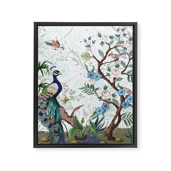Chinoiserie Aqua Peacock Floral & William Morris Art Framed Canvas Print Gallery Image 1