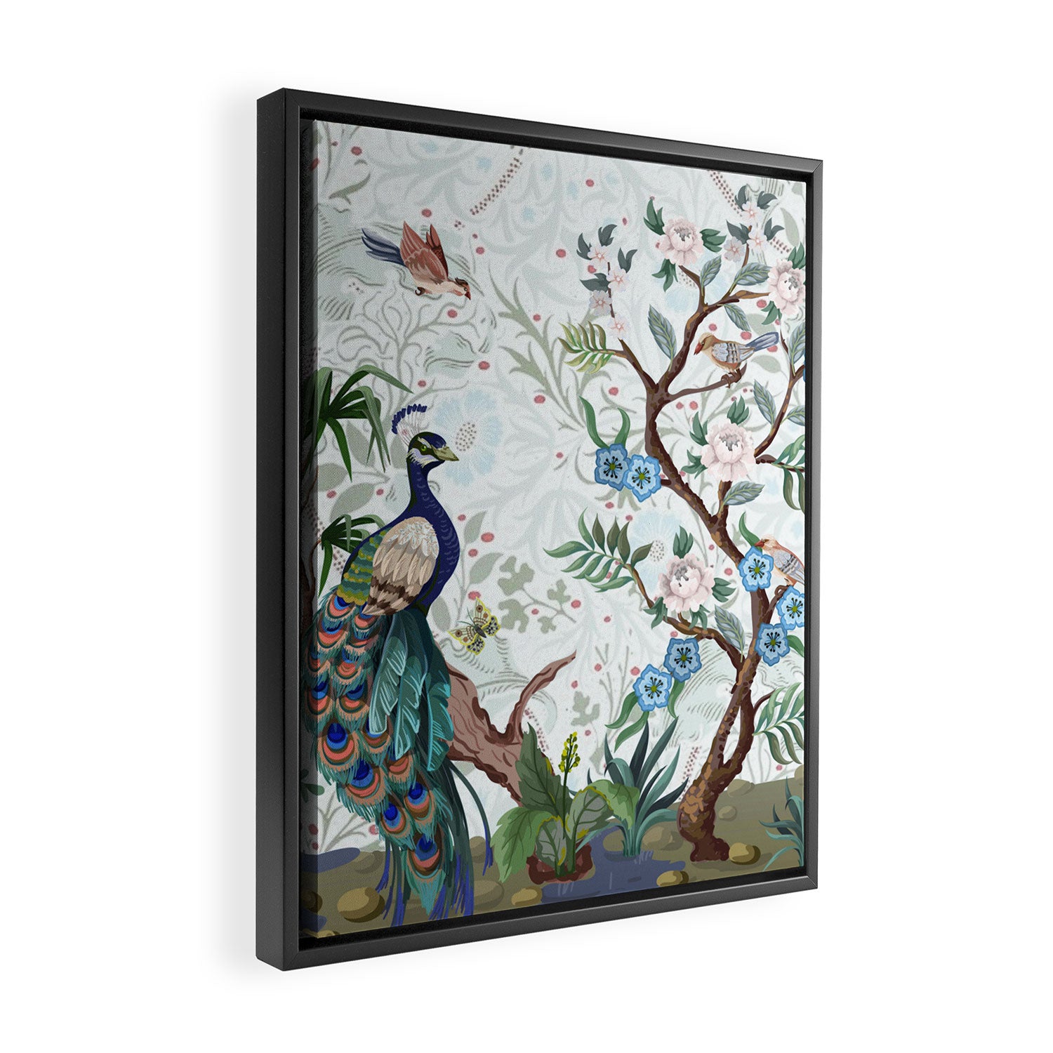 Chinoiserie Aqua Peacock Floral & William Morris Art Framed Canvas Print Gallery Image 2