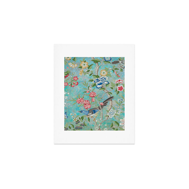 Chinoiserie Aqua Turquoise Peony Bird Garden  Art Print Gallery Image 1