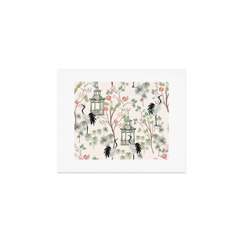 Chinoiserie Blush Pink Blooming Peony Pagoda Bird Garden Pattern Art Print Gallery Image 1