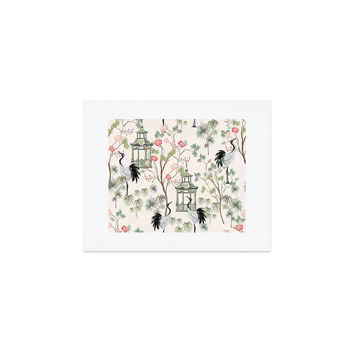 Chinoiserie Blush Pink Blooming Peony Pagoda Bird Garden Pattern Art Print Gallery Image 1