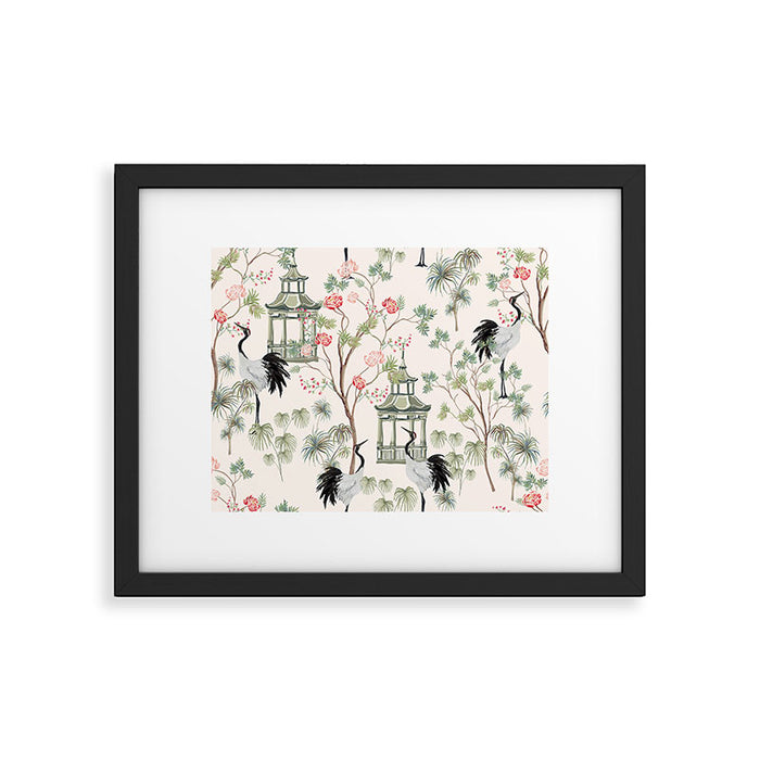 Chinoiserie Blush Pink Blooming Peony Pagoda Bird Garden Pattern Framed Art Print Gallery Image 1