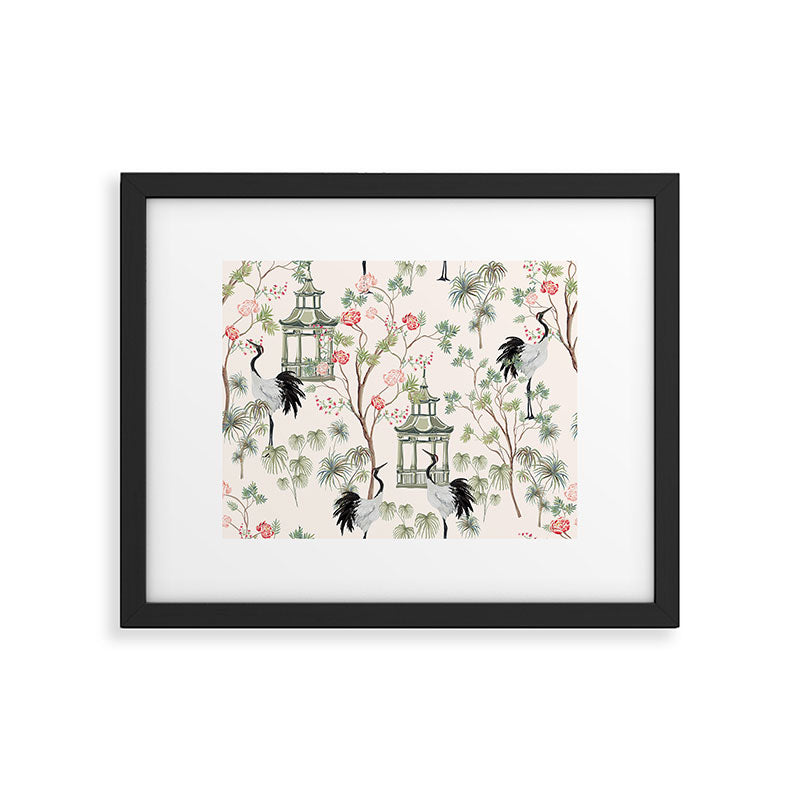 Chinoiserie Blush Pink Blooming Peony Pagoda Bird Garden Pattern Framed Art Print Gallery Image 5