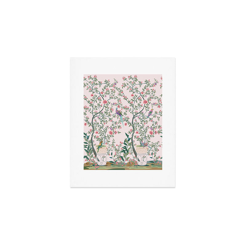 Chinoiserie Blush Pink Fresco Floral Garden Birds Oriental Botanical Art Print Gallery Image 1