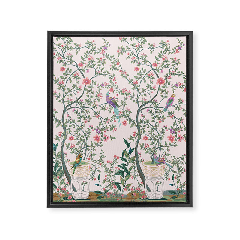 Chinoiserie Blush Pink Fresco Floral Garden Birds Oriental Botanical Framed Canvas Print Gallery Image 6