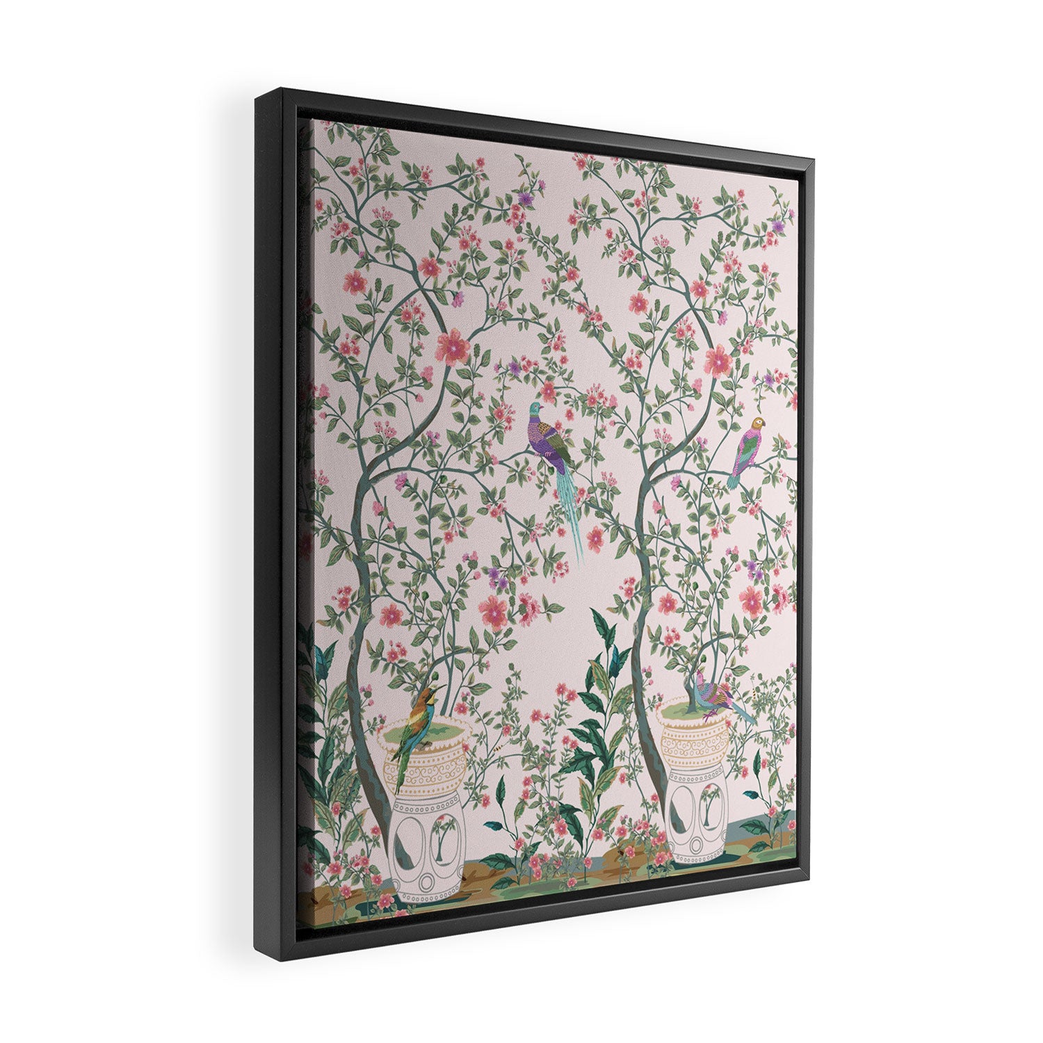 Chinoiserie Blush Pink Fresco Floral Garden Birds Oriental Botanical Framed Canvas Print Gallery Image 2