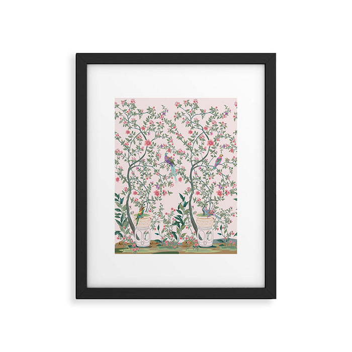 Chinoiserie Blush Pink Fresco Floral Garden Birds Oriental Botanical Framed Art Print Gallery Image 1