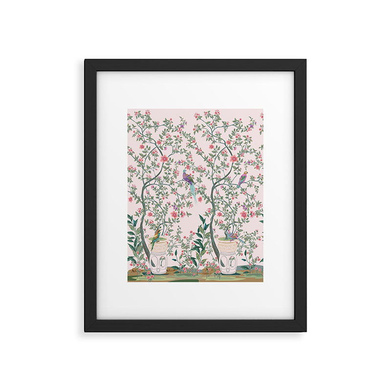 Chinoiserie Blush Pink Fresco Floral Garden Birds Oriental Botanical Framed Art Print Gallery Image 5