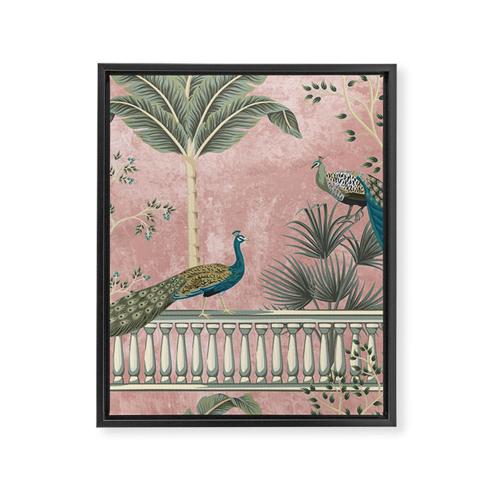 Chinoiserie Blush Pink Peacock Palm Fresco Garden  Framed Canvas Print Gallery Image 1