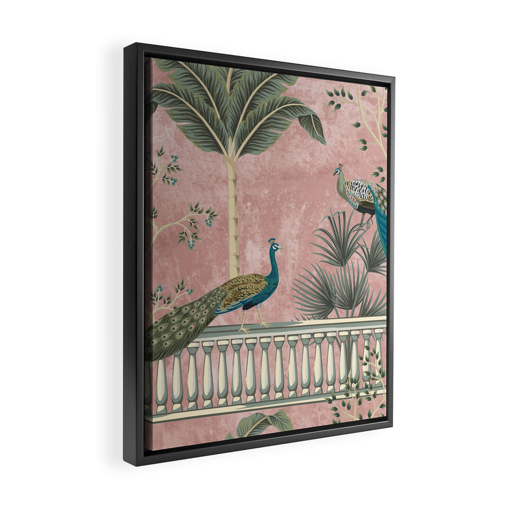 Chinoiserie Blush Pink Peacock Palm Fresco Garden  Framed Canvas Print Gallery Image 2