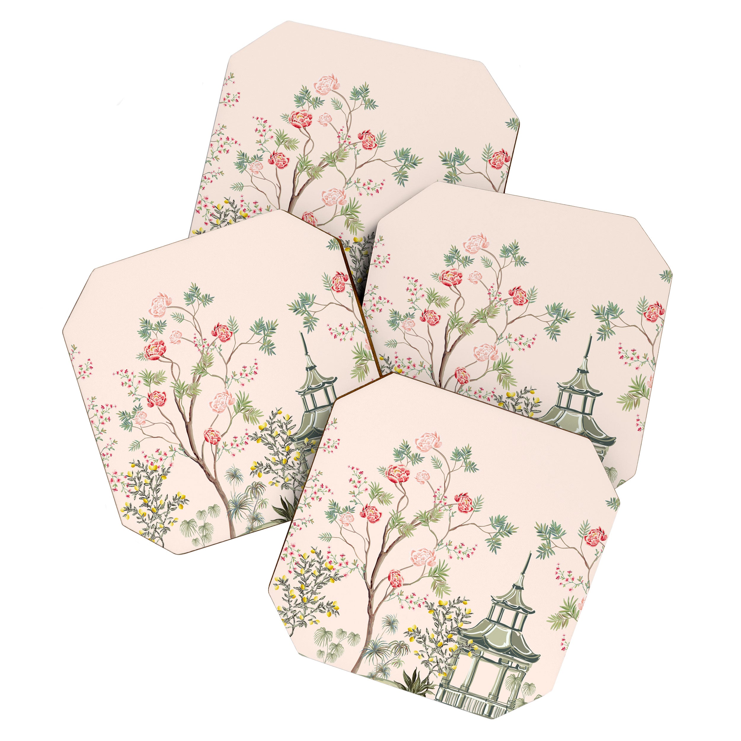 Chinoiserie Blush Pink Peony Blooming Floral Garden Coaster Gallery Image 1