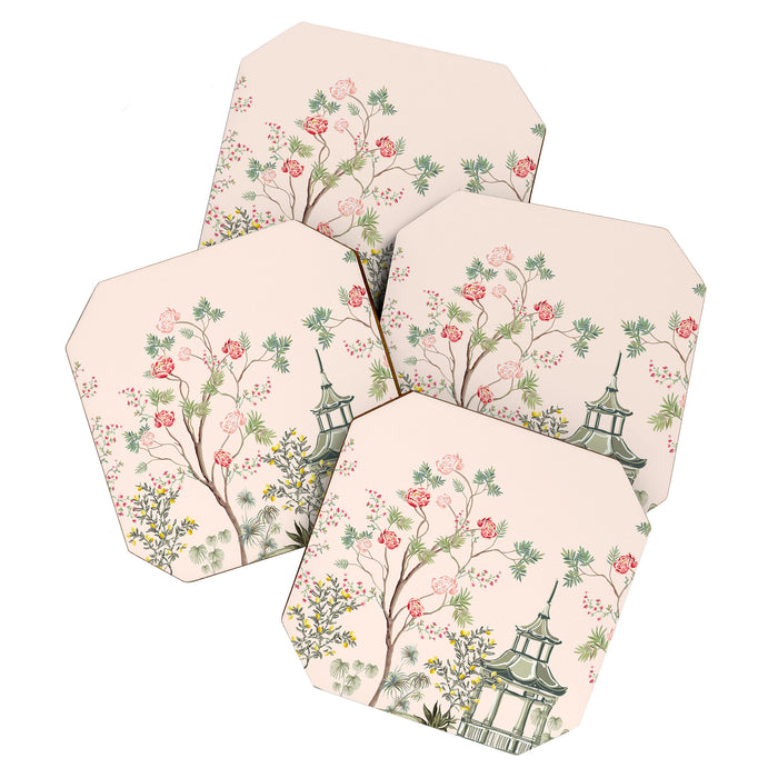 Chinoiserie Blush Pink Peony Blooming Floral Garden Coaster Gallery Image 1