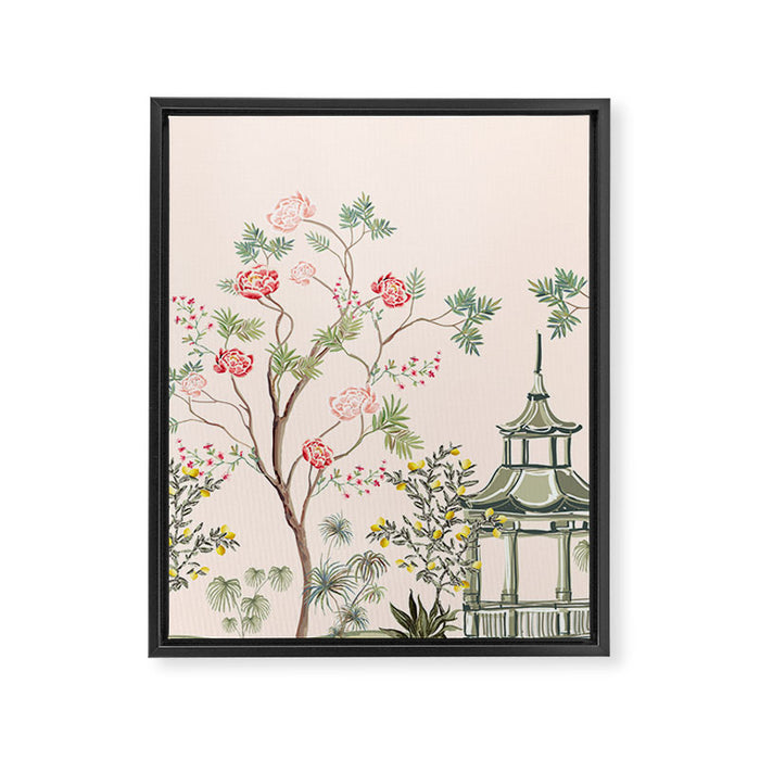 Chinoiserie Blush Pink Peony Blooming Floral Garden Framed Canvas Print Gallery Image 1