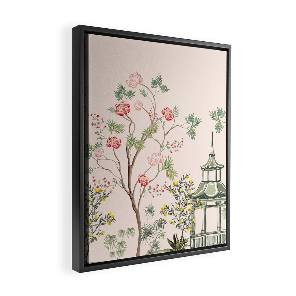 Chinoiserie Blush Pink Peony Blooming Floral Garden Framed Canvas Print Gallery Image 2