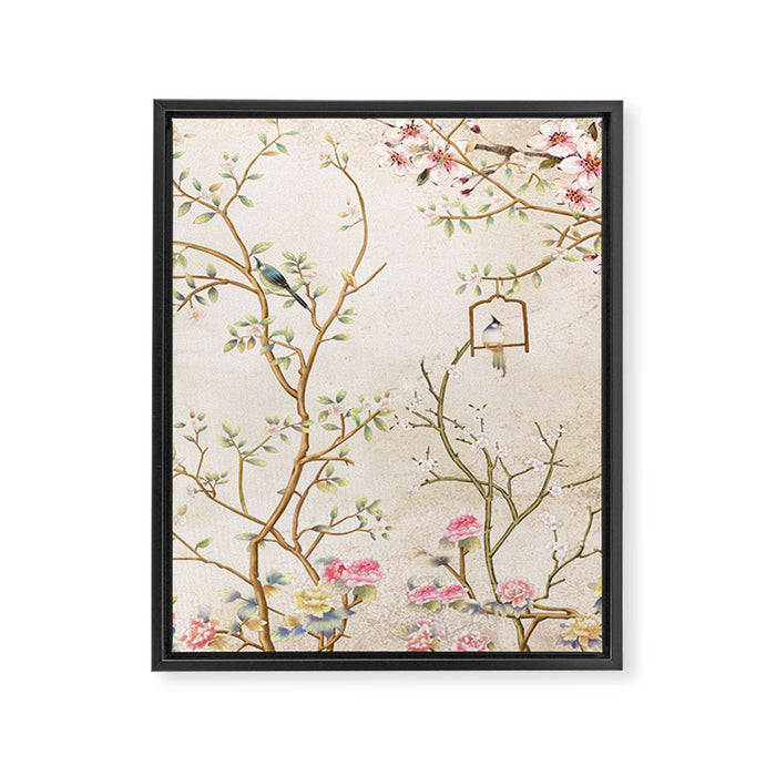 Chinoiserie Cherry Blossom Bird Garden Fresco Framed Canvas Print Gallery Image 1
