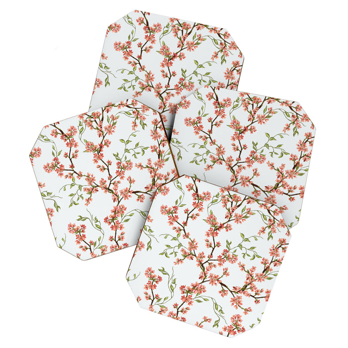 Chinoiserie Cherry Blossom Floral Rose Pink & White Coaster Gallery Image 1