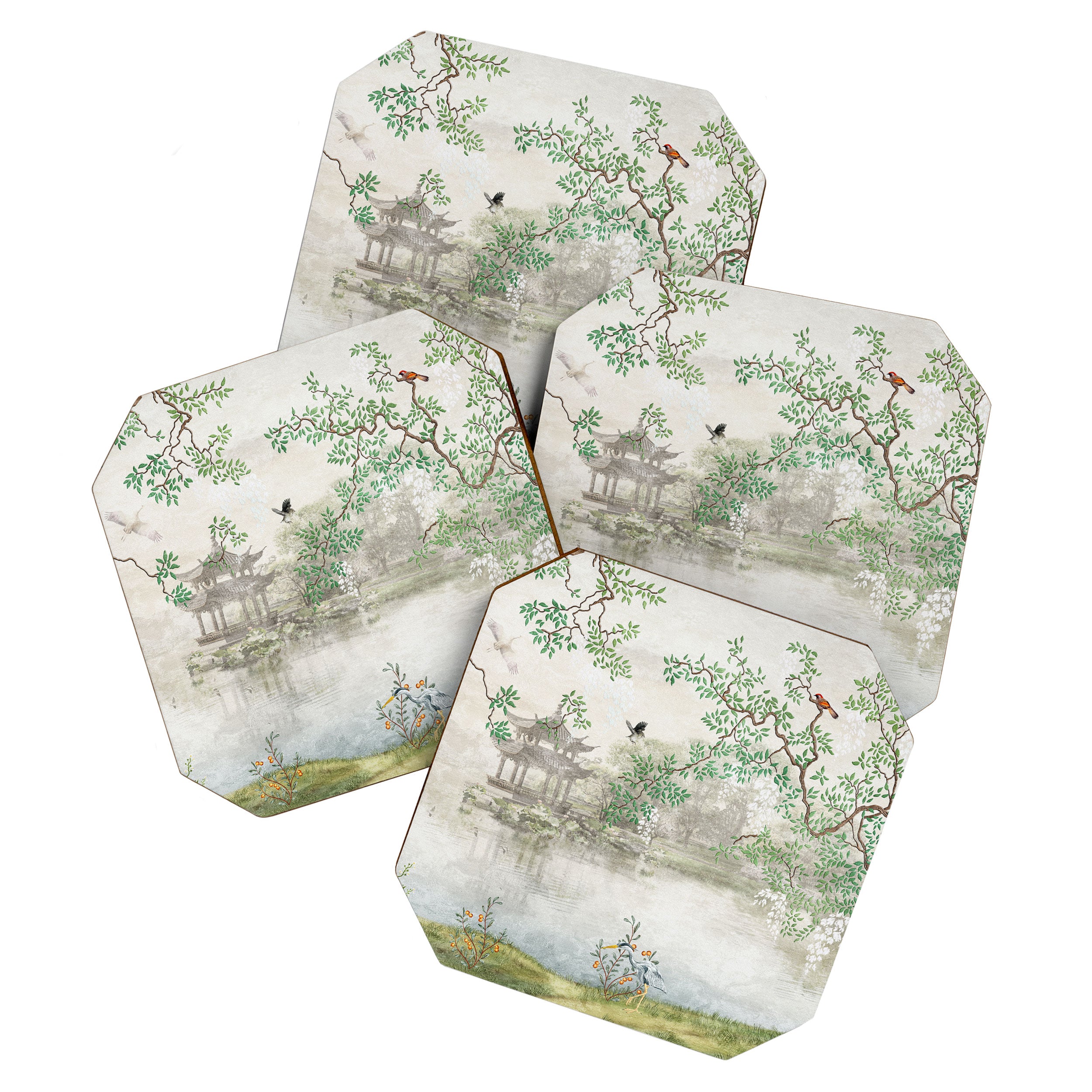 Chinoiserie Cherry Blossom Pagoda Zen Garden Landscape Coaster Gallery Image 1