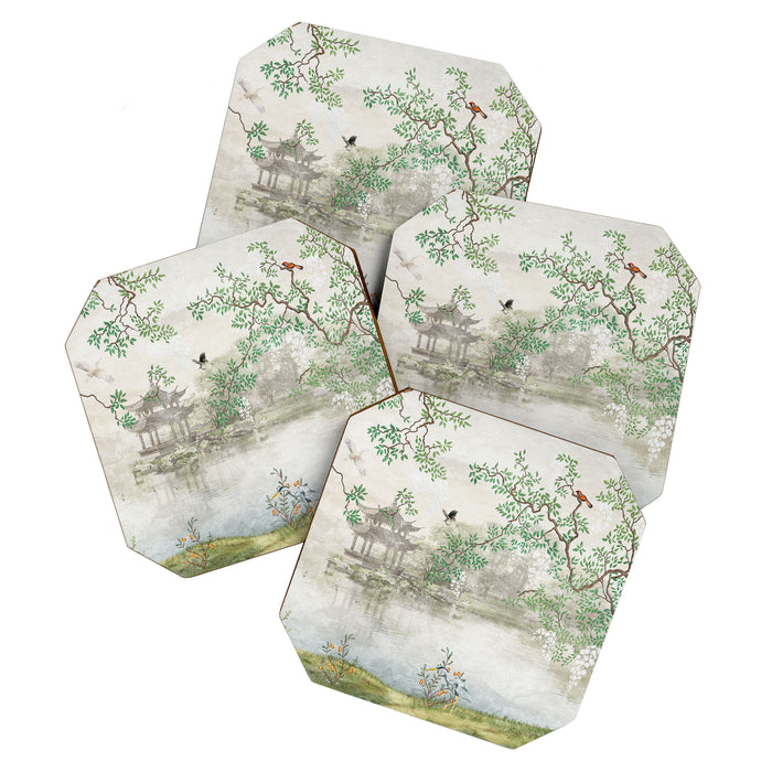 Chinoiserie Cherry Blossom Pagoda Zen Garden Landscape Coaster Gallery Image 1