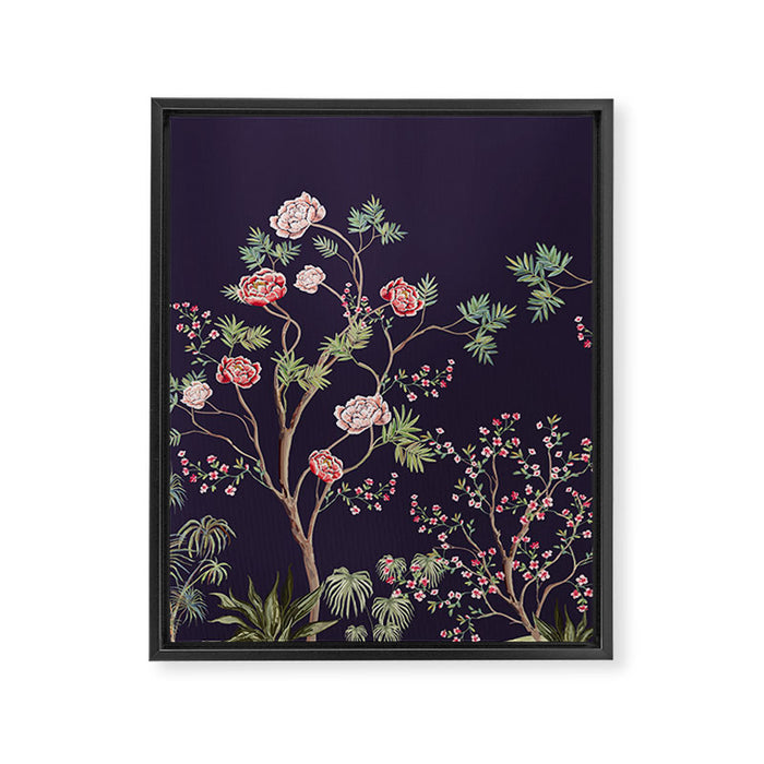 Chinoiserie Dark Blooming Peony Floral Fresco Garden Framed Canvas Print Gallery Image 1